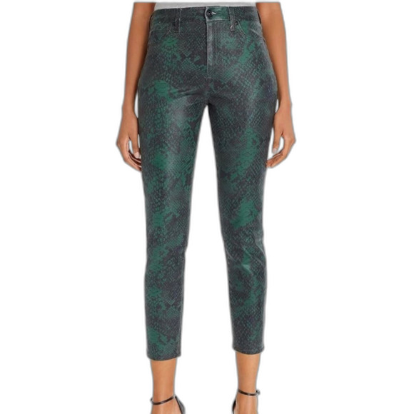 7 For All Mankind High-Waist Ankle Skinny Coated Green Python jeans SZ 28 NWOT - Picture 1 of 14